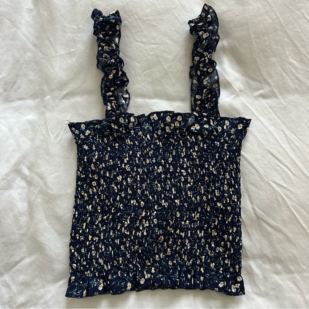 Navy blue dark floral print smocked ruched cropped tank top with ruffles